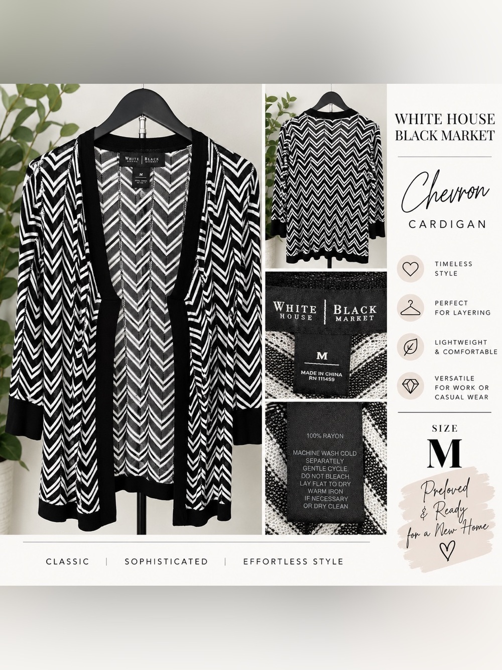 White House Black Market Black & White Chevron Open Cardigan